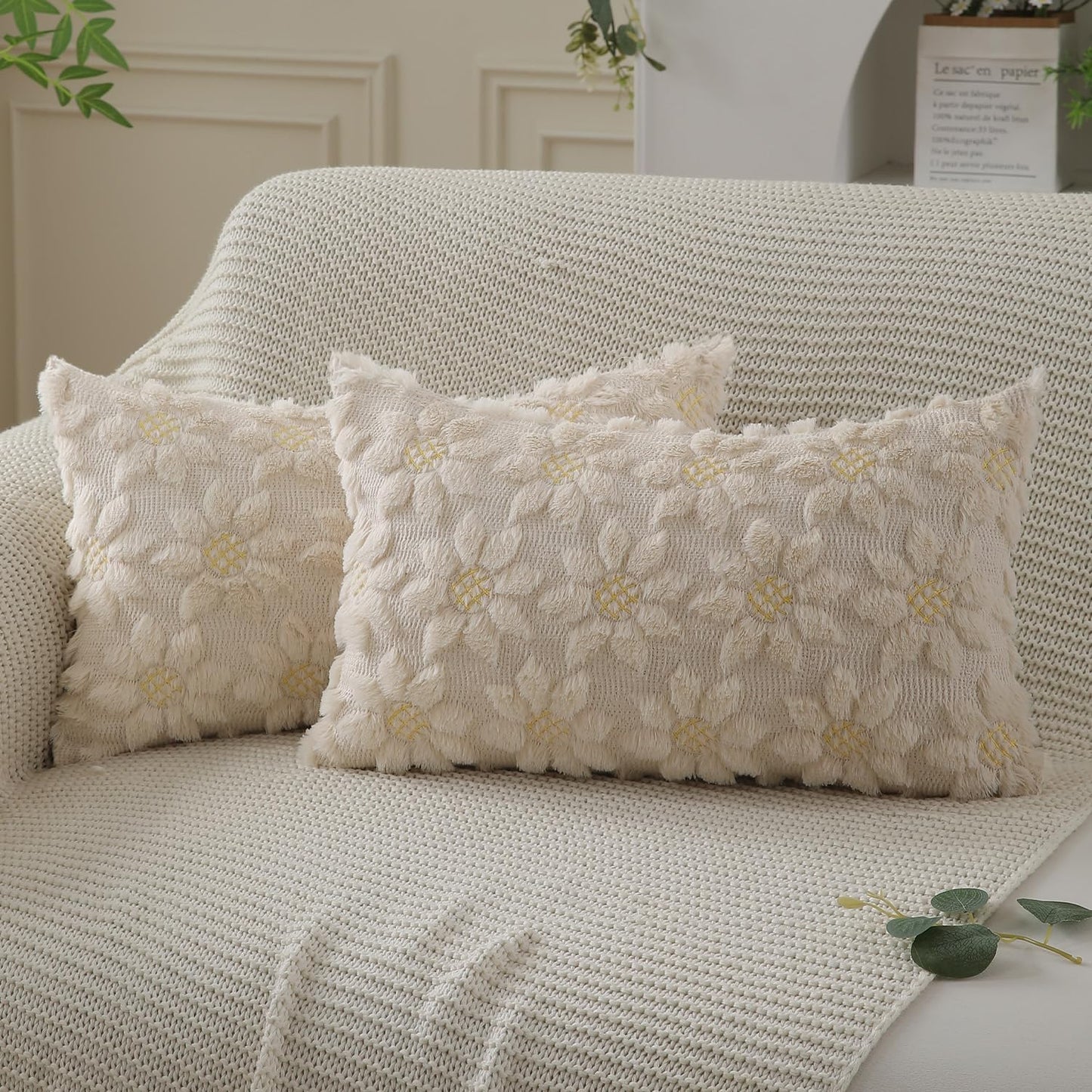 DFXSZ Spring Summer Pillow Covers 12x20 inch Set of 2 Farmhouse Decor Yellow Flower Heart Sunflower Beige Soft Plush Faux Fur Jacquard Throw Pillows for Sofa Holiday Spring Home Decor PTK024E12