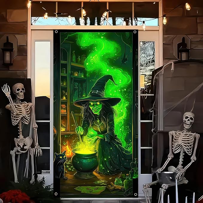 Halloween Door Cover 71x35 Inch Green Witch Black Cat Potion Room Hanging Banner Spooky Halloween Door Banner for Indoor Front Porch Wall Haunted House Party Decor