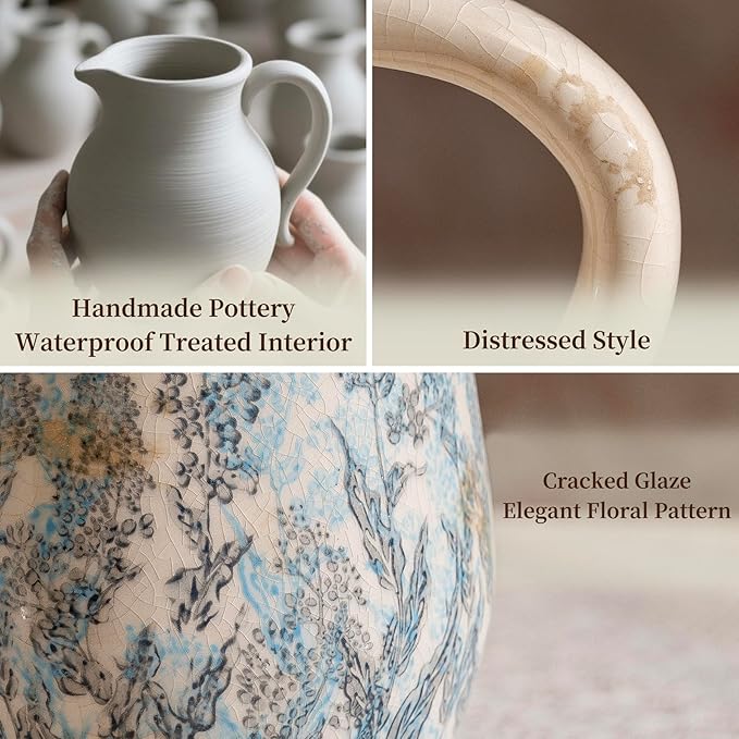 Vintage Blue and Beige Floral Ceramic Vase with Handle, Retro Ice Glazed Crack Farmhouse Pitcher Vase for Home Decor, Living Room, Shelf, Office, French Country Decorative Flower Vase 8.7 Inch