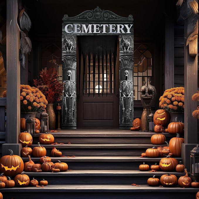 4 Pcs Halloween Cemetery Archway Door Cover Decoration Kit - Large Cemetery Front Door Banner Scary Gauze Cover for Indoor Outdoor Archway Garage Haunted House Party Trunk or Treat Car Decor