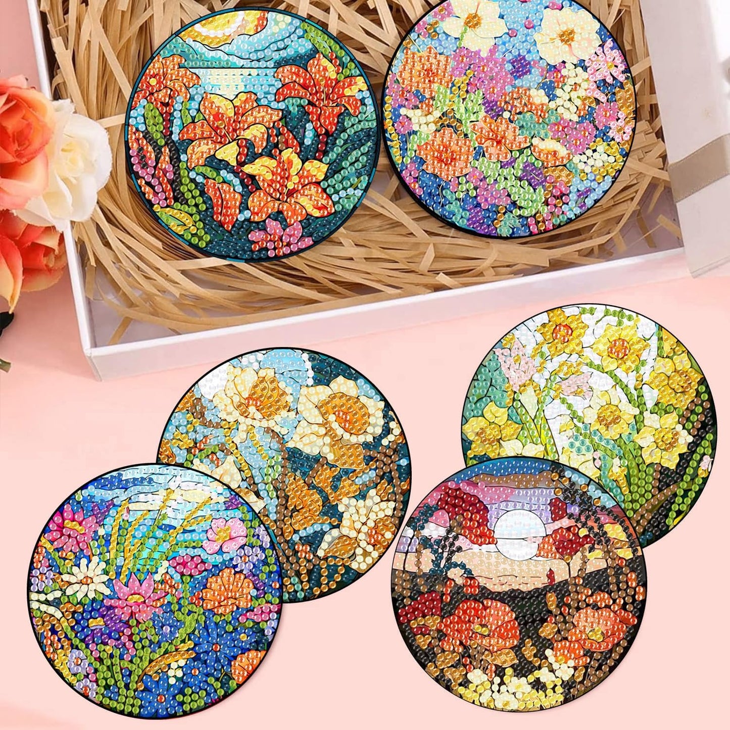 Meothan 8 Pack Diamond Art Coasters Kit-Flowers Diamond Painting Coasters Kits with Holder Cork Pads DIY Flower Diamond Coasters Set for Adults Beginners Crafts Supplies