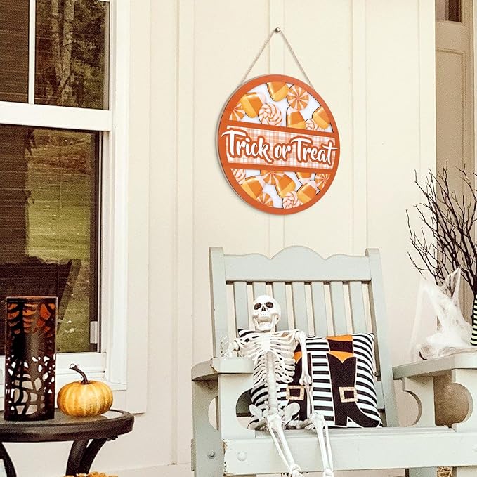 TOARTi 3D Halloween Trick or Treat Front Door Sign Hanging(11.4x11.4''), Rustic Lollipop Candy Cone Wall Decor, Farmhouse Halloween Wooden Plaque for Home Classroom Office