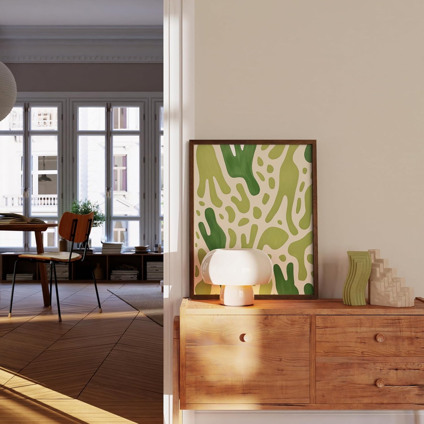 HAUS AND HUES Modern Abstract Wall Art - Blue and Green Living Room Art, Modern Artwork for Walls, Minimalist Picture for Living Room(Green Pattern, Walnut Frame, 16x20)