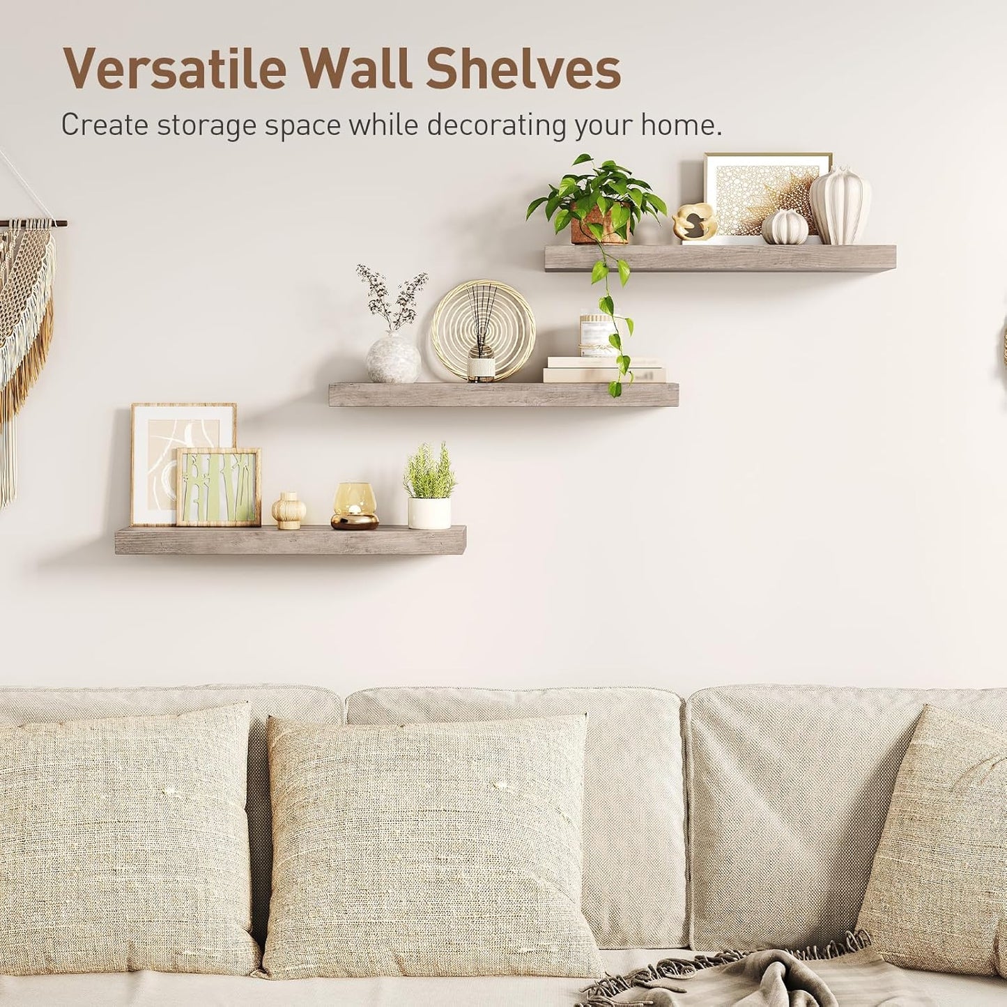 Floating Shelves for Wall, 1.5" Thick Wall Shelf Set of 3 with Invisible Brackets, 23.6L x 7.9W Hanging Book Shelves Farmhouse Home Decor for Bathroom, Living Room, Bedroom, Greige 6301BJP3BG