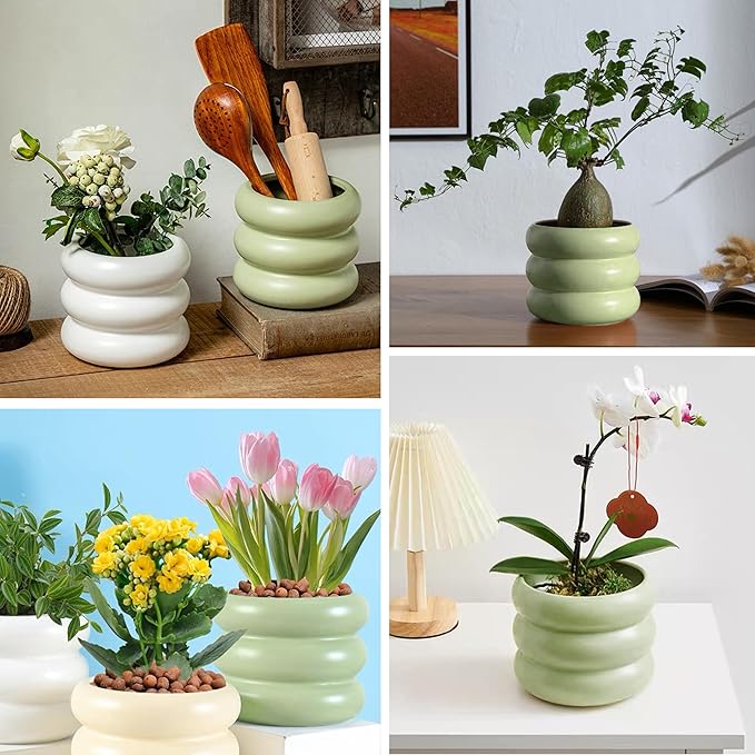 4.7 Inch Modern Plant Pot Green Ceramic Glaze Succulent Planters for Indoor Unique Pots, Planter with Drainage Holes Small Bubble Porcelain for Herb Snake Plants