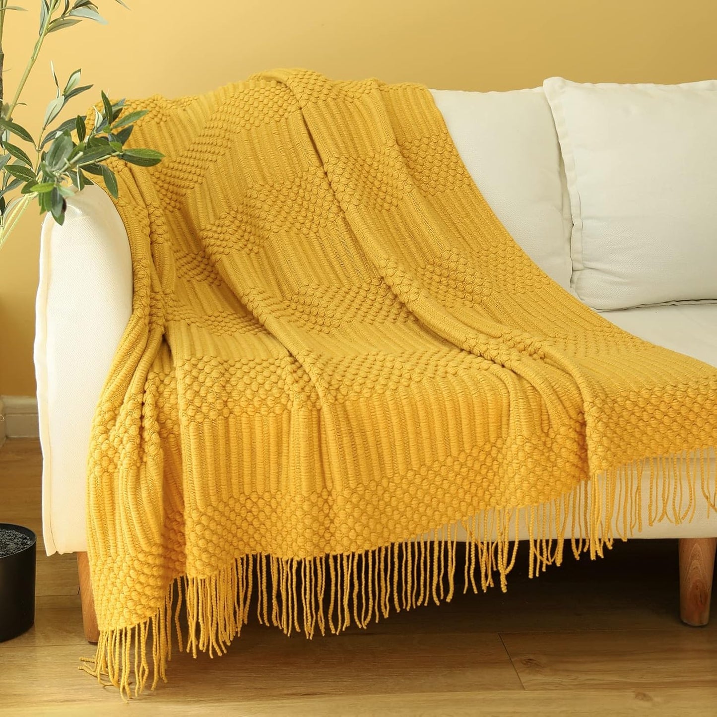 Blagic Knitted Throw Blanket for Couch, Bed and Sofa. Super Soft Blanket with Tassels, Yellow Throw Blanket, 60 x 80 Inches Lightweight & Cosy Home Decor