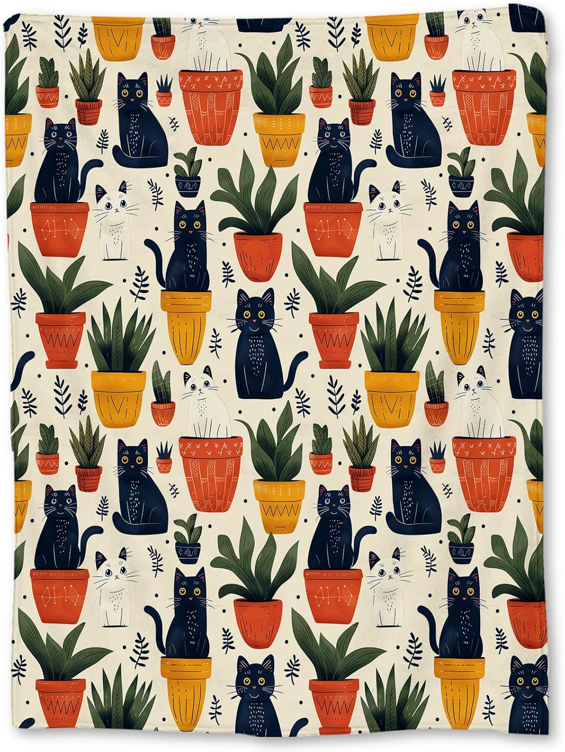 Cute Cats & Potted Plants Blanket - Soft Lightweight Cozy Flannel Throw Blanket for Adults Kids Pet Lovers, Warm Fluffy Fuzzy Blankets for Couch, Bed, Travel, Outdoor, Home Decor 50×40 in