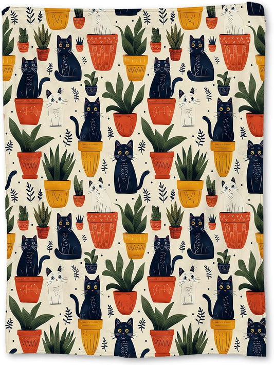 Cute Cats & Potted Plants Blanket - Soft Lightweight Cozy Flannel Throw Blanket for Adults Kids Pet Lovers, Warm Fluffy Fuzzy Blankets for Couch, Bed, Travel, Outdoor, Home Decor 50×40 in