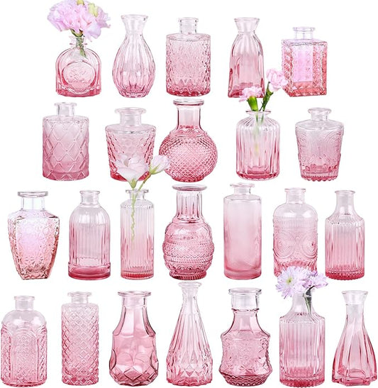 Pink Glass Bud Vase Set of 24, Small Flower Vases for Centerpieces in Bulk, Mini Vintage Vase for Wedding Decor, and Home Table Décor