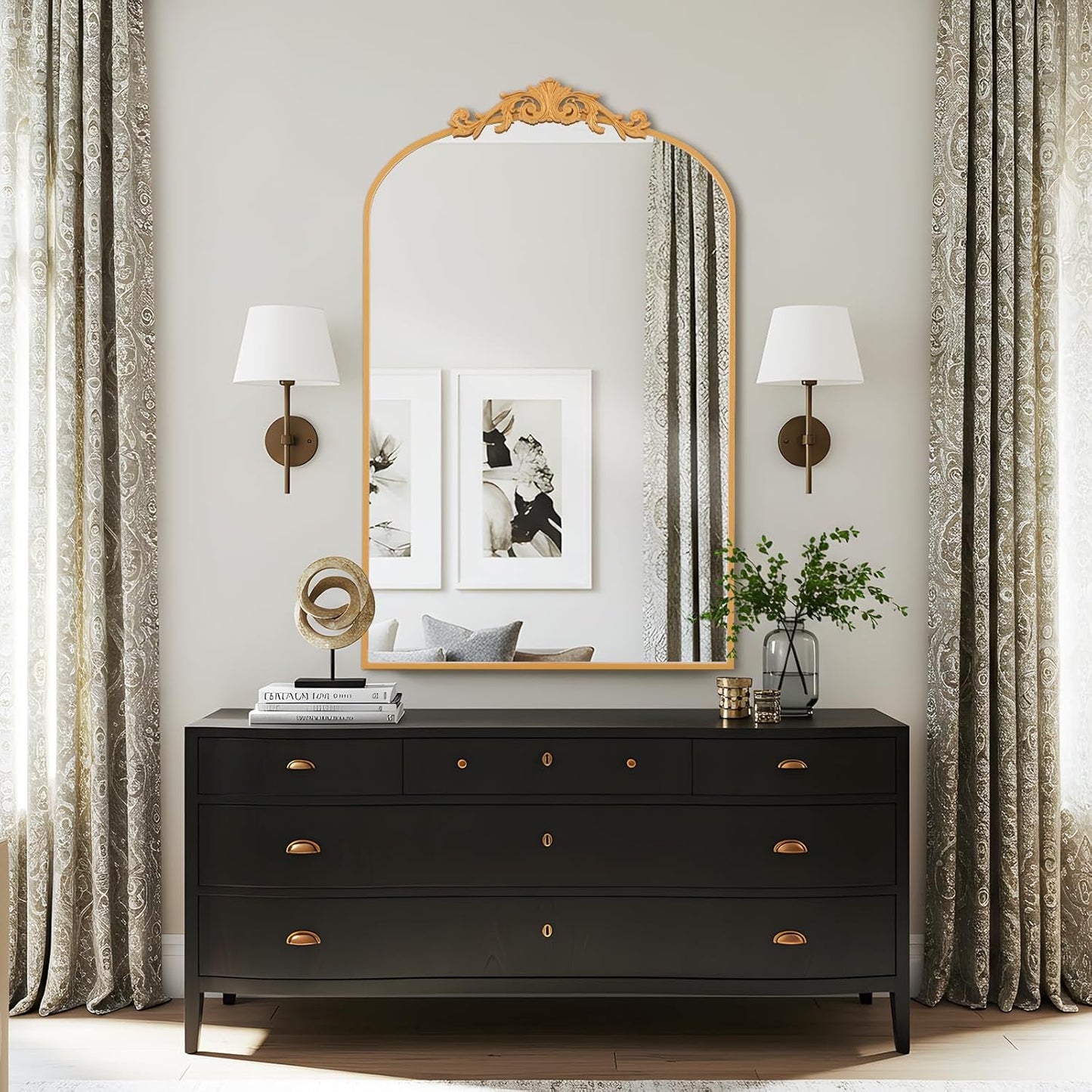 Filigree Arched Wall Mirror 26"x38" Retro Wall-Mounted Mirror with Vintage Ornate Carved Applique Hanging Leaning Antique Home Decor Mirror for Fireplace Living Room Entryway Hallway Bathroom, Gold