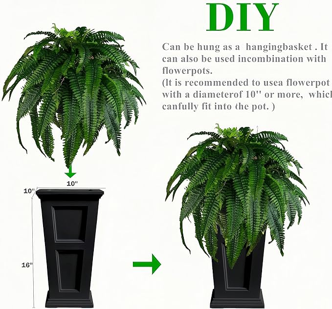 QIANYUN Outdoor Artificial Plants-2PCS Artificial Outdoor Hanging Fern Faux Greenery UV Resistant Plastic Plants for Front Porch Living Room Garden Decor- Including Hanging Planters (Dark Green)