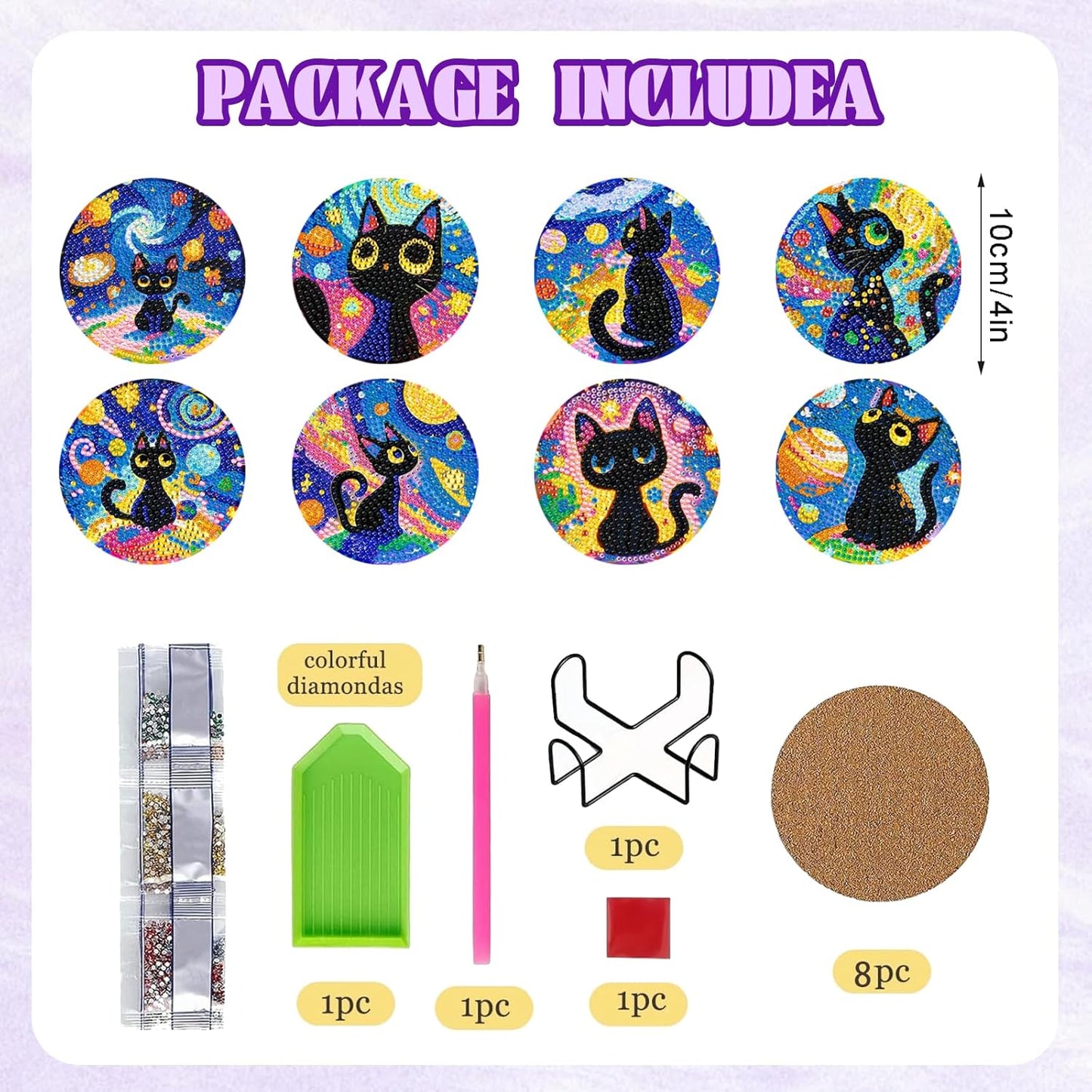 DOZEEZOP 8 PCS Diamond Art Coasters Kit, Cat Diamond Painting Coasters with Holder, Fall Diamond Art Kits for Adults Beginners, Arts and Crafts Supplies Black Astral Cat Animals