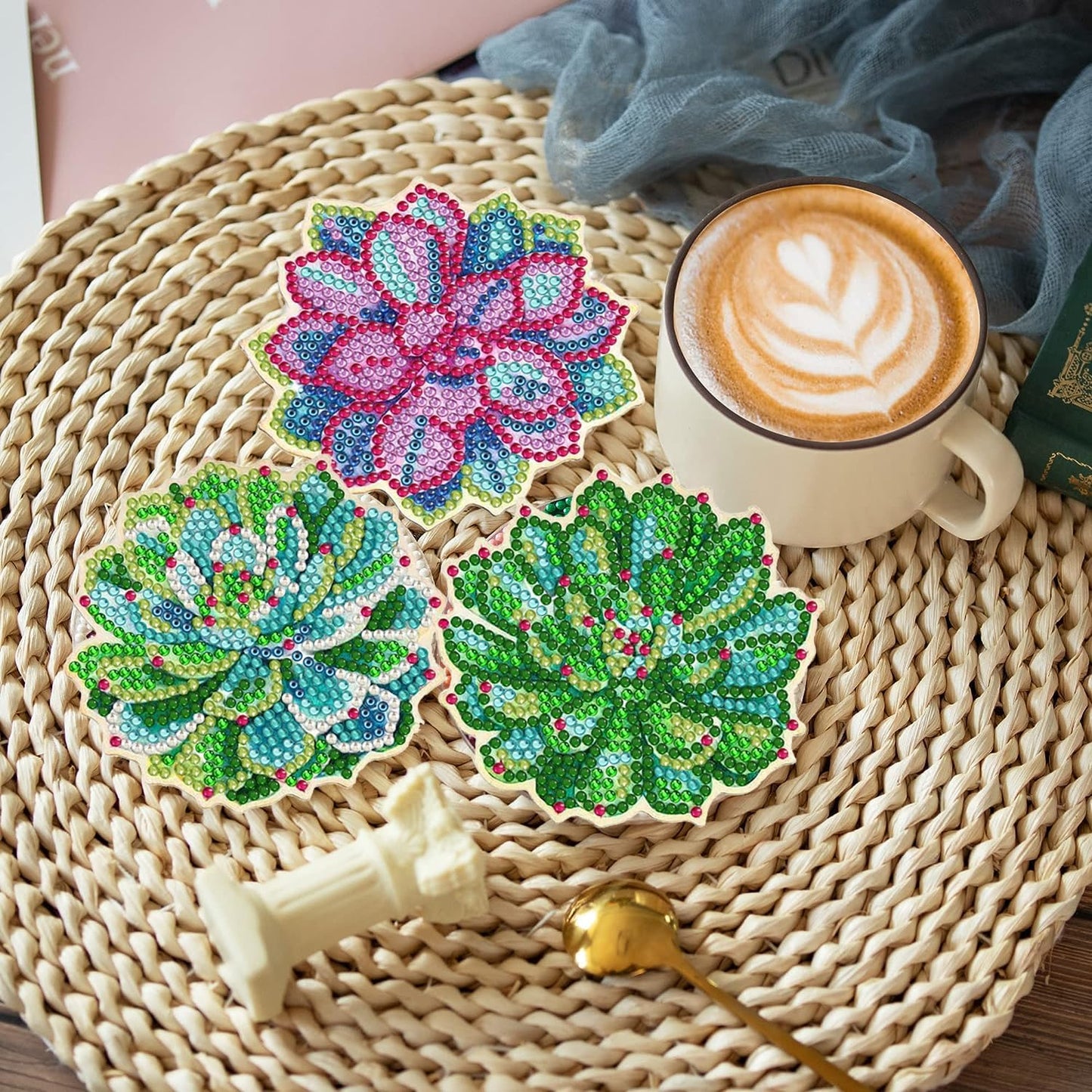 DOZEEZOP 8 PCS Diamond Art Coasters Kit, Diamond Painting Coasters with Holder, Fall Diamond Art Kits for Adults Beginners, Arts and Crafts Supplies Party Item Sets Succulence
