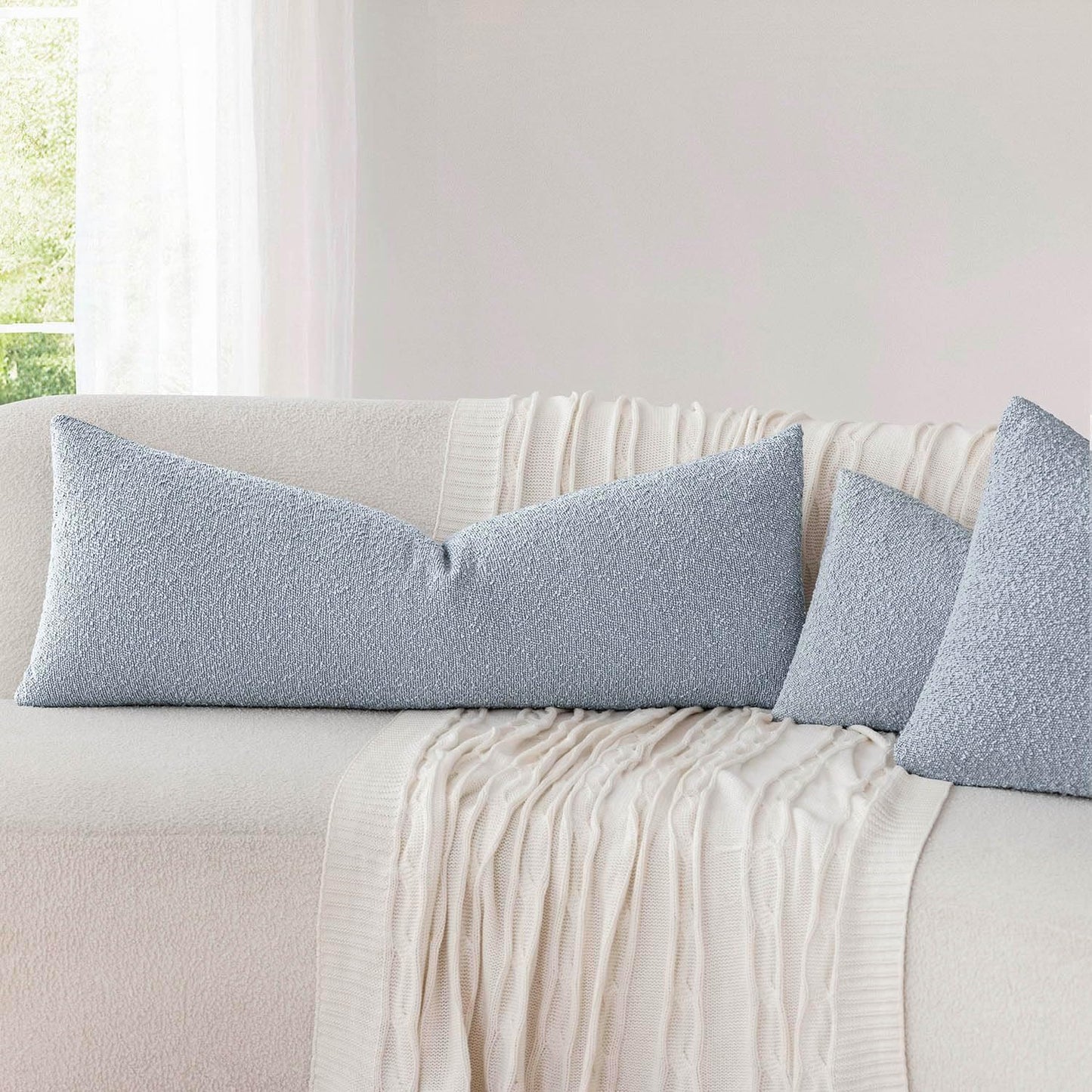 Foindtower Decorative Textured Boucle Throw Pillow Covers Accent Solid Pillow Cases Neutral Long Body Lumbar Couch Cushion Case for Chair Sofa Bedroom Living Room Home Decor 14x36 Inch,1PC,Light Blue