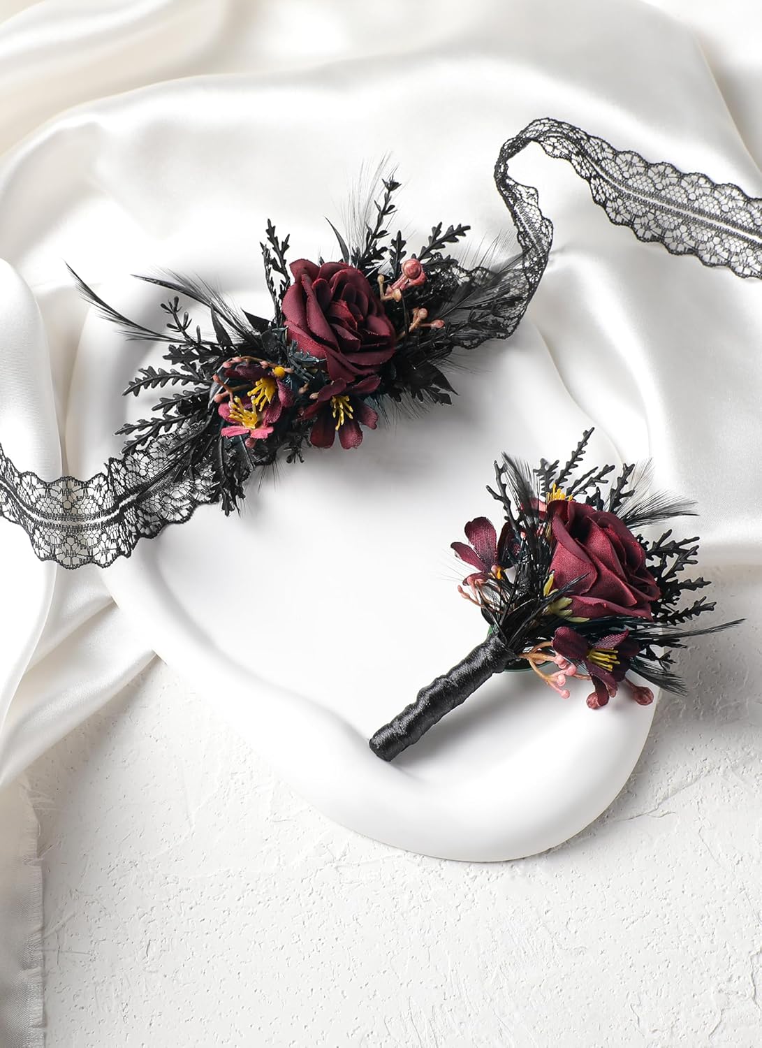 Corsage and Boutonniere Set - Black Wristlet for Men Prom Dark Wrist Corsage for Goth Wedding Ceremony