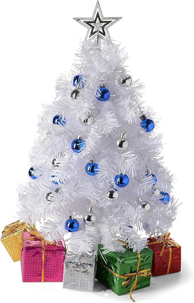 23-Inch Mini White Christmas Tree with Warm-White LED Lights - Small Xmas Decor with Lights and Star Treetop - DIY Tabletop Little Christmas Tree, Decorated Gift Boxes and Hanging Ornaments
