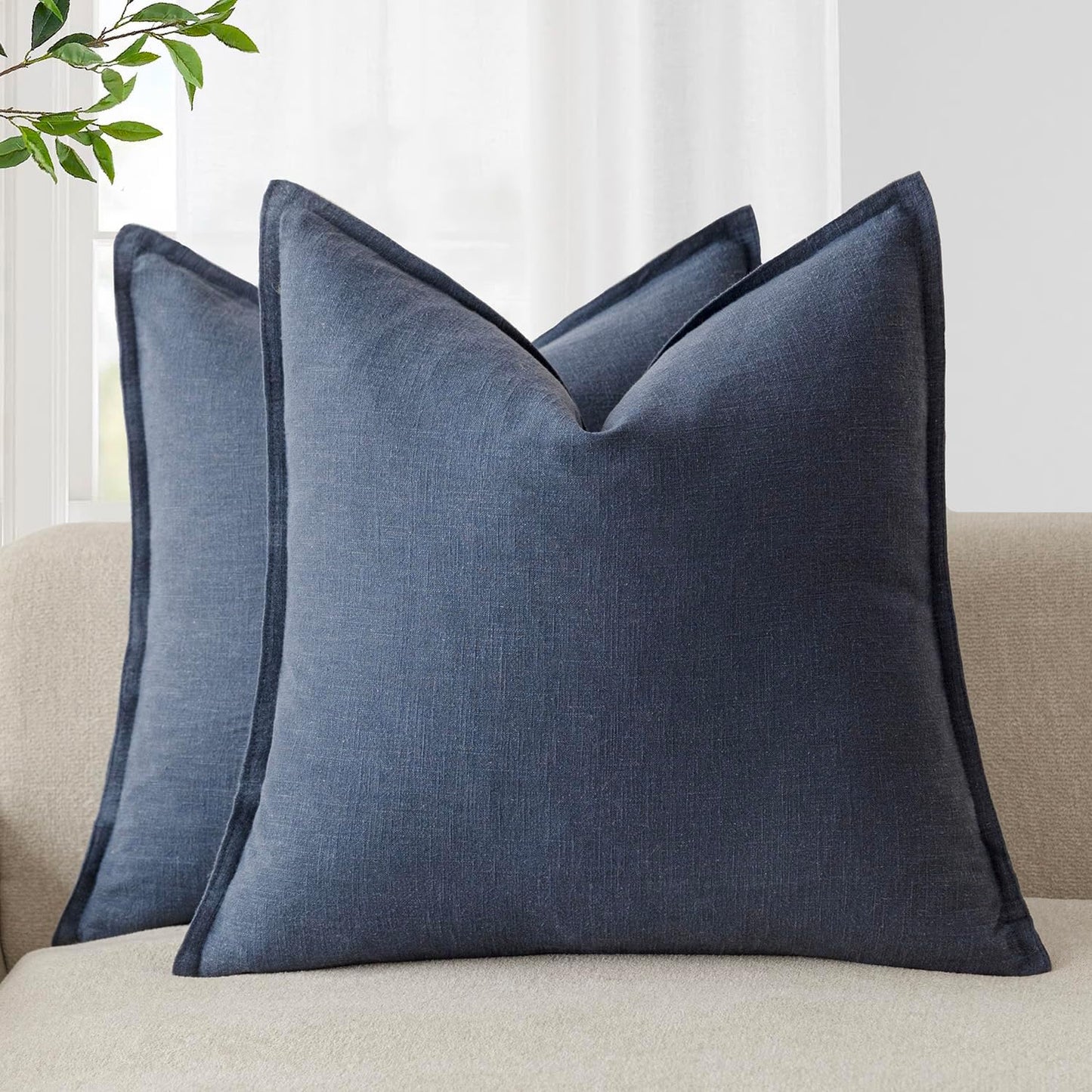 Foindtower Pack of 2, Decorative Linen Soild Throw Pillow Covers Soft Accent Square Cushion Case Boho Farmhouse Pillowcase for Chair Couch Sofa Bedroom Living Room Home Decor 24 x 24 Inch Navy Blue