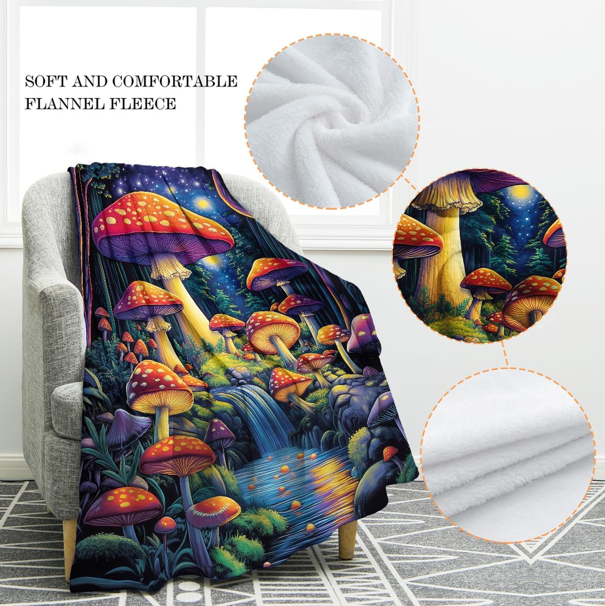 Jekeno Colorful Mushroom Forest Blanket Gifts for Women Kids Girls Boys Mom Wife Female Friends Halloween Birthday Fantasy Starry Sky Stream Home Bedroom Room Decor Throw 50"x60"