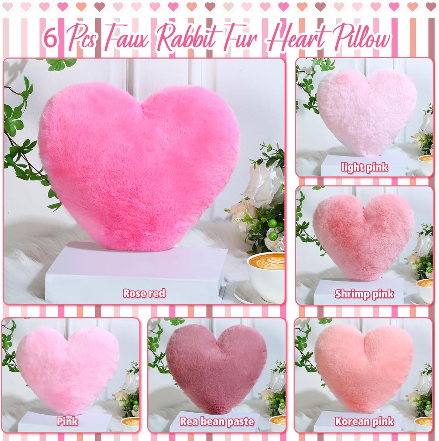 Liliful 6 Pcs Faux Rabbit Fur Heart Pillows Helloween Fluffy Heart Throw Pillows Christmas Cute Couch Cushion Soft Decorative Throw Cushion for Bed Sofa Girls Women(12 x 11 Inch,Pink Series)