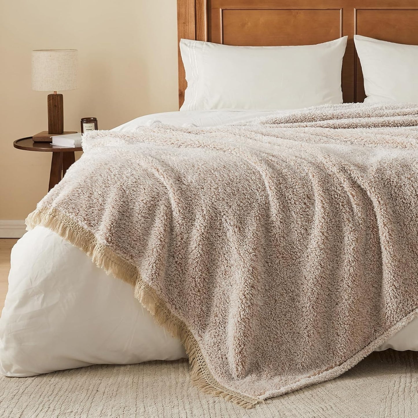 EMME Soft Sherpa Fleece Blanket with Tassel, Reversible Plush Fluffy Large Blanket, Light Weight Warm Decorative Boho Blanket Cover for Sofa, Couch, Bedroom,Travel(Tassel Khaki,108"x90")