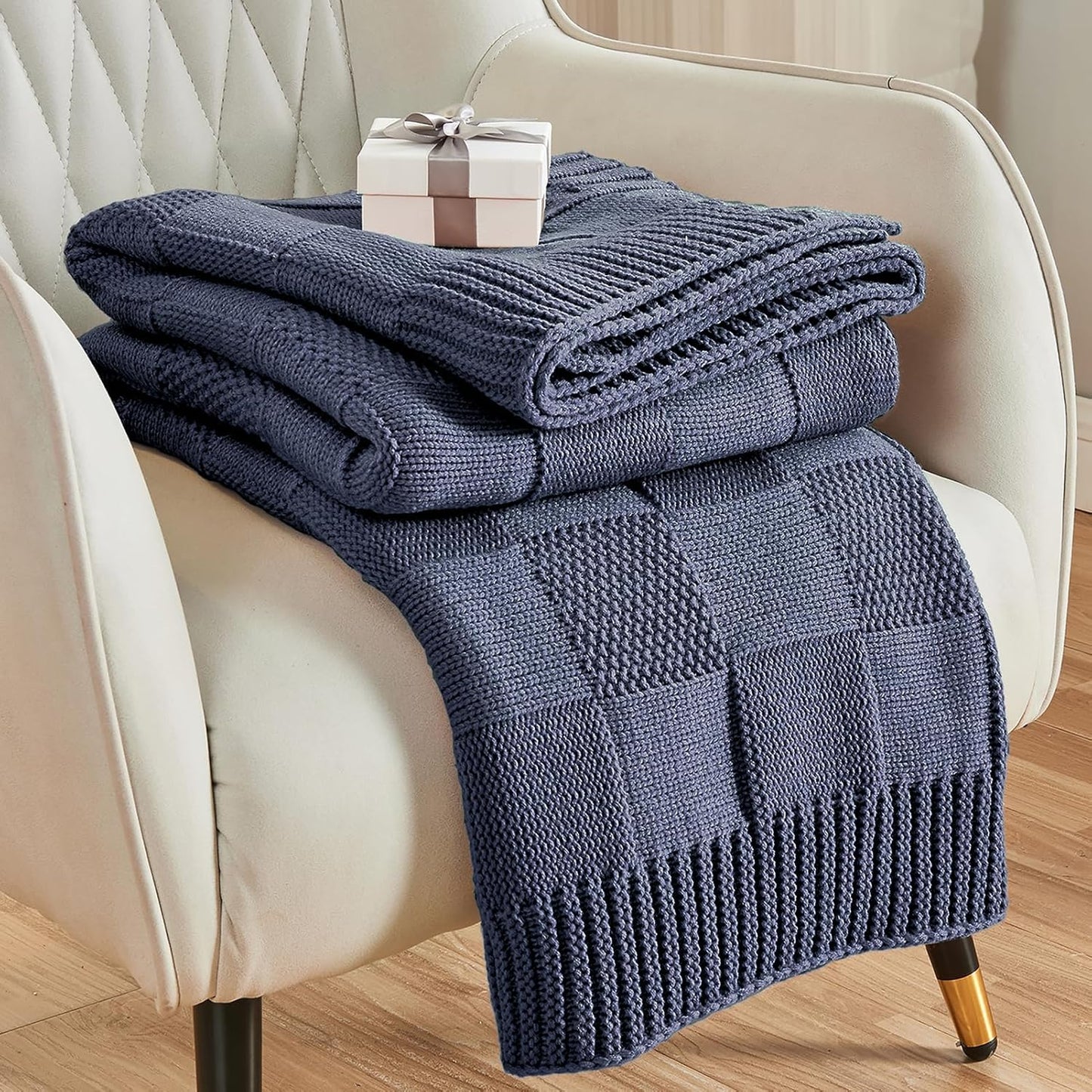 CozeCube Check Knit Throw Blanket, Steel Blue Checkered Throw for Couch, Decorative Christmas Soft Cozy Warm Knitted Blanket for Bed Sofa Living Room, 60"X80"