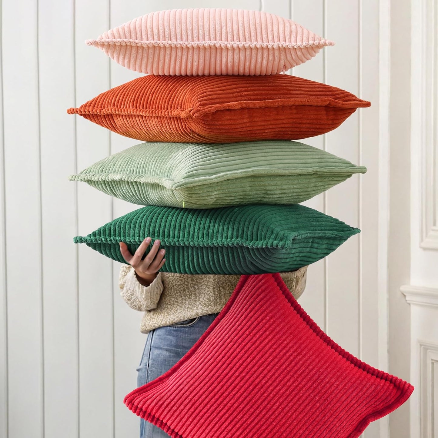 decorUhome Christmas Corduroy Green Throw Pillow Covers 16x16 Set of 2 Decorative Soft Boho Farmhouse Euro Couch Pillow Covers for Living Room Bed Sofa Broadside Striped Pillow Cases