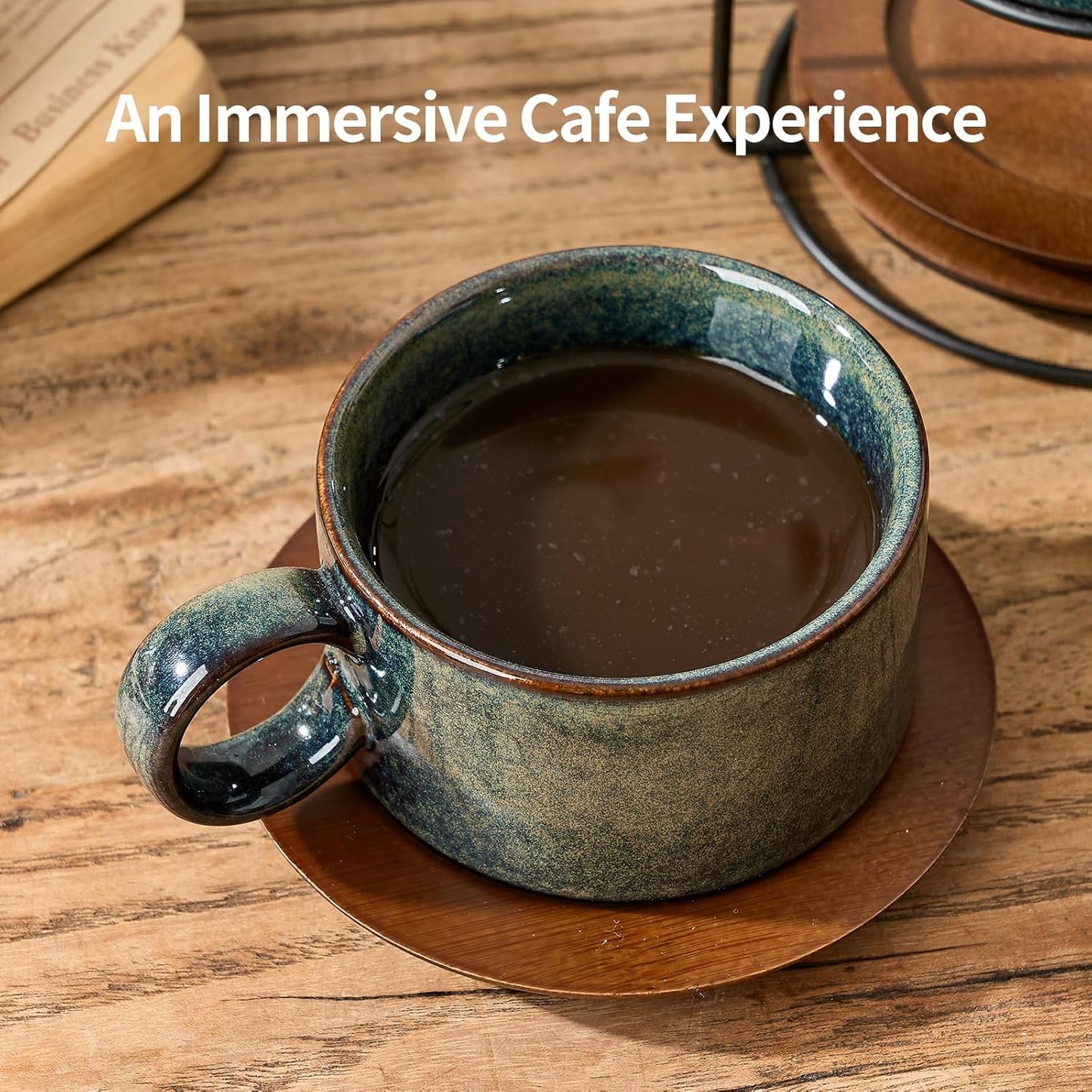 LUKA 6 Ounce Porcelain Stackable Espresso Cups with Saucers and Metal Stand Set of 4, Ceramic Cappuccino Cups Set for Specialty Coffee Drinks, Latte, Cafe Mocha and Tea, Reactive Dark Green