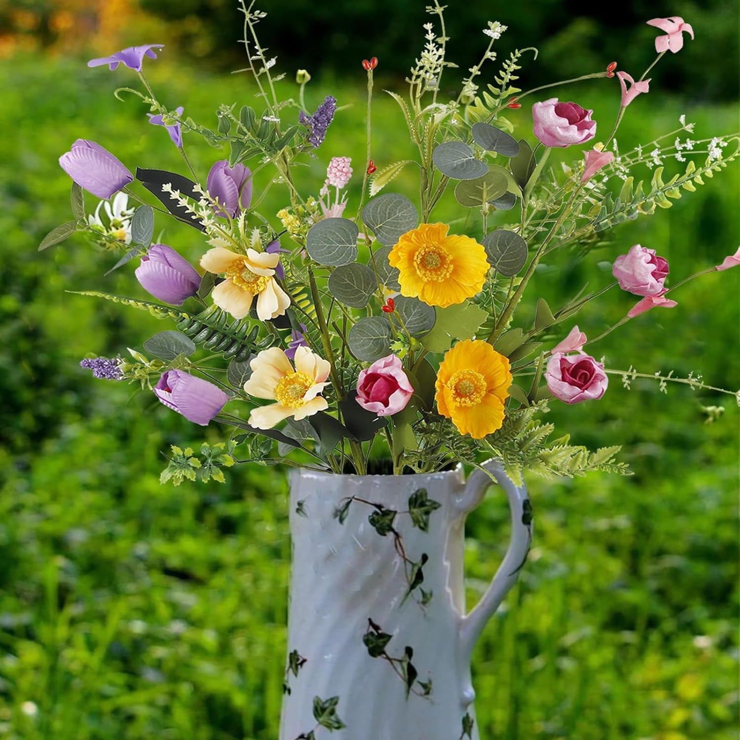 CISDUEO 4 Pcs Wildflowers Artificial Flowers Daisies Roses and Poppies Faux Wildflowers Summer Flowers Artificial for Decoration Spring Silk Floral Arrangement Wedding Party Table Centerpieces Home