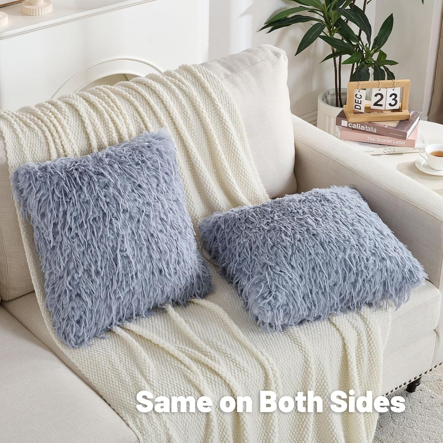 FUTEI Grey Blue Decorative Throw Pillow Covers 16x16 Inch Set of 2,Soft Fluffy Faux Feather Texture Cushion Cases,Modern Home Luxury Decor for Couch Bed Living Room