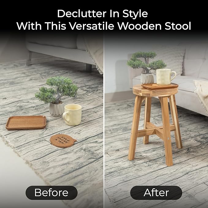 Round Stool Acacia Wood, 18" Height, 11'' Round Top, Backless, Easy Assembly, Natural Wax Finish, Wooden Stool for Plant, Dining Room, Kitchen Counter, Makeup