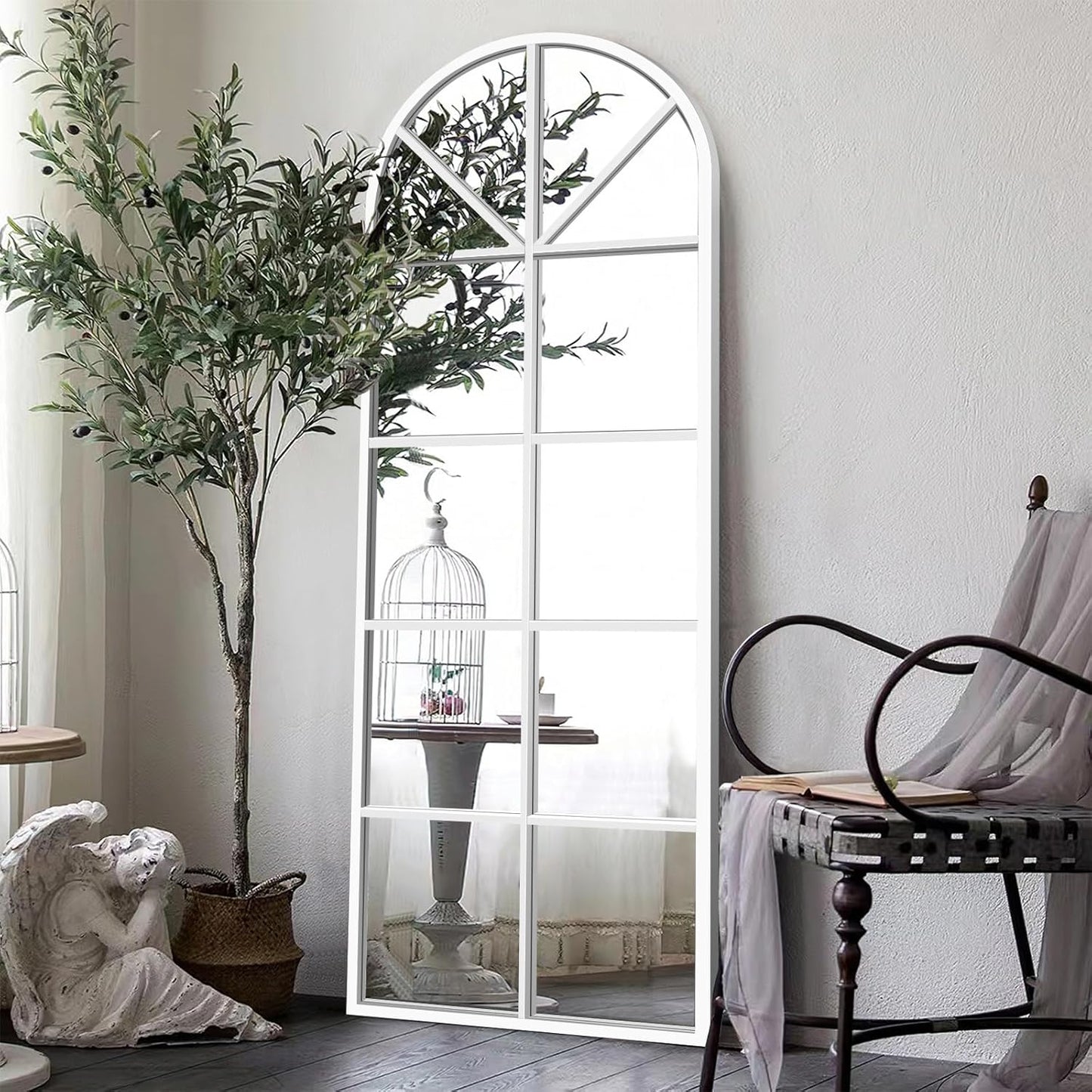 Floor Full Length Mirror, White Arched-Top Mirror Full Length, Large Window Pane Body Mirrors, 65"x22" Wall Mounted Standing Mirrors Hanging or Leaning for Bedroom, No Stand