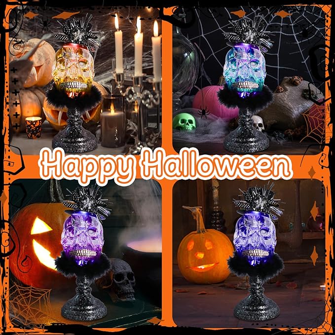 VCUTEKA Halloween Skull Head Light Indoor Decoration Skull Statue Halloween Sculptures with Magic Hat for Party Horror Decoration Holiday Decor Figurines Gift