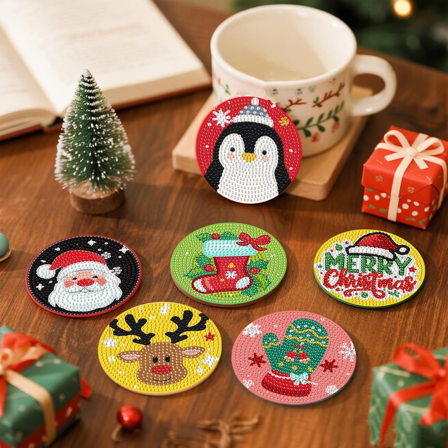 DOZEEZOP 6 PCS Christmas Diamond Art Coasters Kit, Diamond Painting Coasters with Holder, Fall Diamond Art Kits for Adults Beginners, Arts and Crafts Supplies Cute Cartoon