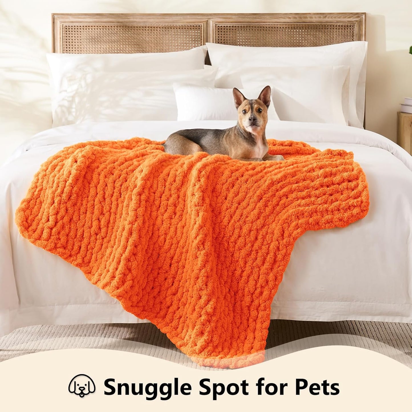 L'AGRATY Chunky Knit Blanket Throw: 30''x40'' Chenille Chunky Knitted Throw Blanket for Bed Couch - Handmade Thick Big Cable Knit Blankets - Large Crochet Rope Blankets for Home Decor(Orange)