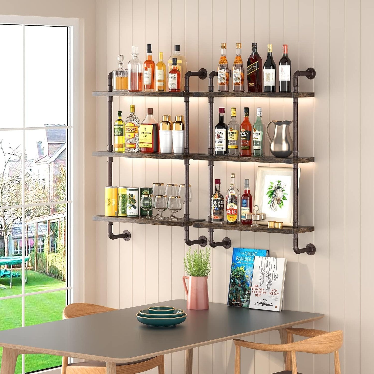 Industrial Pipe Shelf Wall Mounted, Rustic Wood Floating Shelves, 3 Tier Wall Display Bookshelf, Storage Rack Sundries Holder for Kitchen Office Bathroom Organization and Home Decor (24inch x 2)