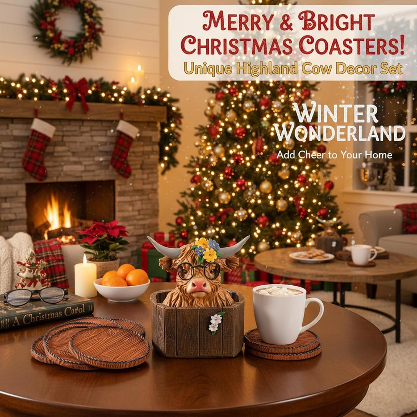 Highland Cattle Coasters - 8 Full Size Rustic Coasters for Log Cabin Decor - Hunting Decor