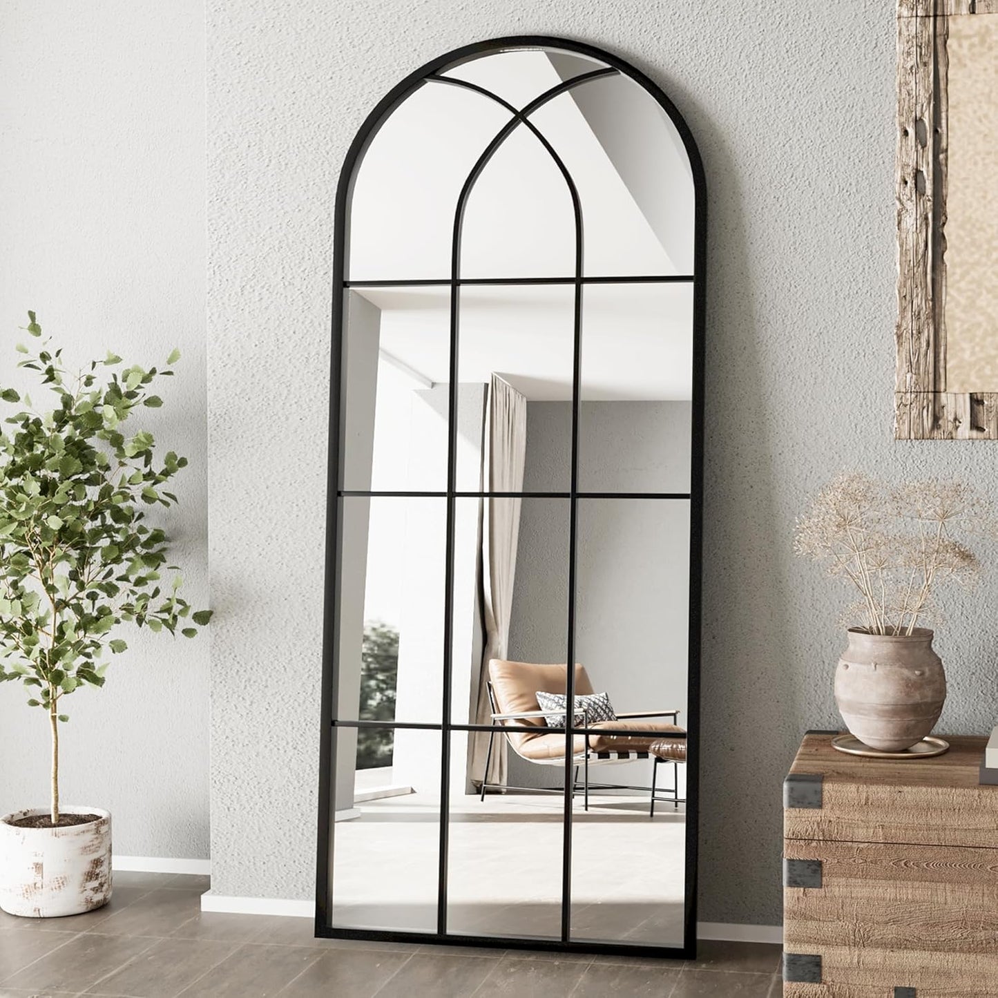 Mirror Full Length, 71"x32" Large Arched Mirror, Black Full Body Window Pane Mirrors, Oversize Farmhouse Standing Wall Mirrors Hanging or Leaning for Living Room, Entryway, No Stand