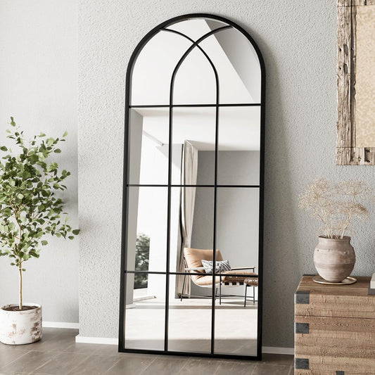 Mirror Full Length, 71"x32" Large Arched Mirror, Black Full Body Window Pane Mirrors, Oversize Farmhouse Standing Wall Mirrors Hanging or Leaning for Living Room, Entryway, No Stand