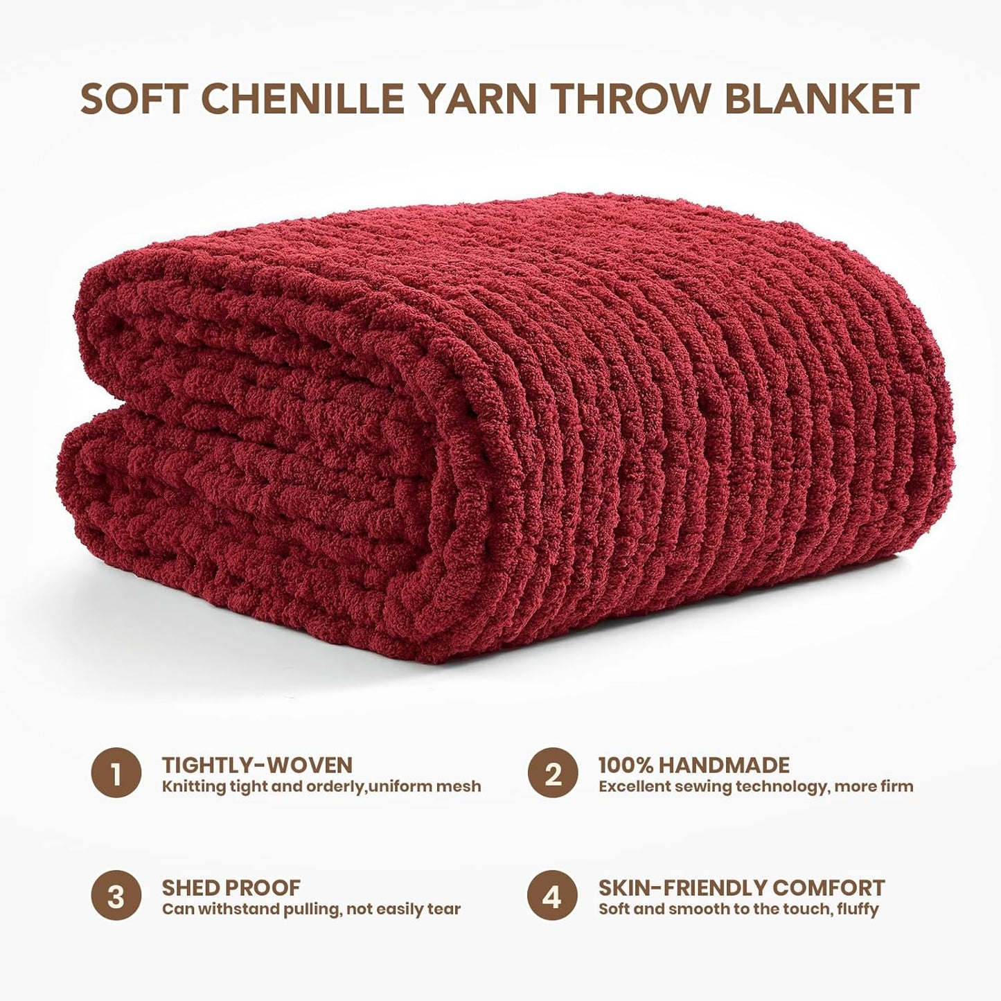 L'AGRATY Chunky Knit Blanket Throw: 50''x60'' Chenille Chunky Knitted Throw Blankets for Bed Couch - Handmade Thick Cable Knit Blanket - Large Crochet Rope Blankets for Home Decor(Maroon Red)