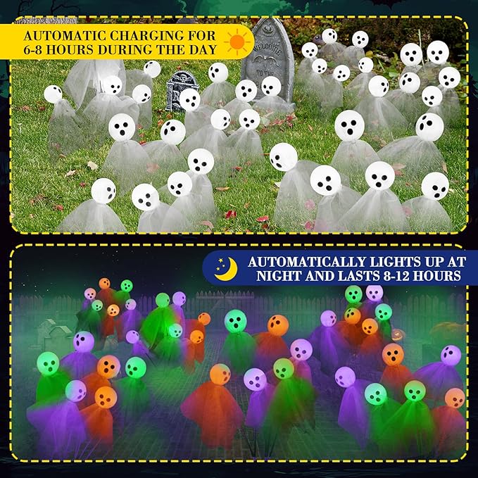 VIHOSE 2 Packs Halloween Solar Lights Outdoor 12 LED Solar Ghost Pathway Lights Waterproof Spooky Ghost Path Light Outdoor Halloween Decorations for Outside Garden Lawn Yard Decors (Colorful)