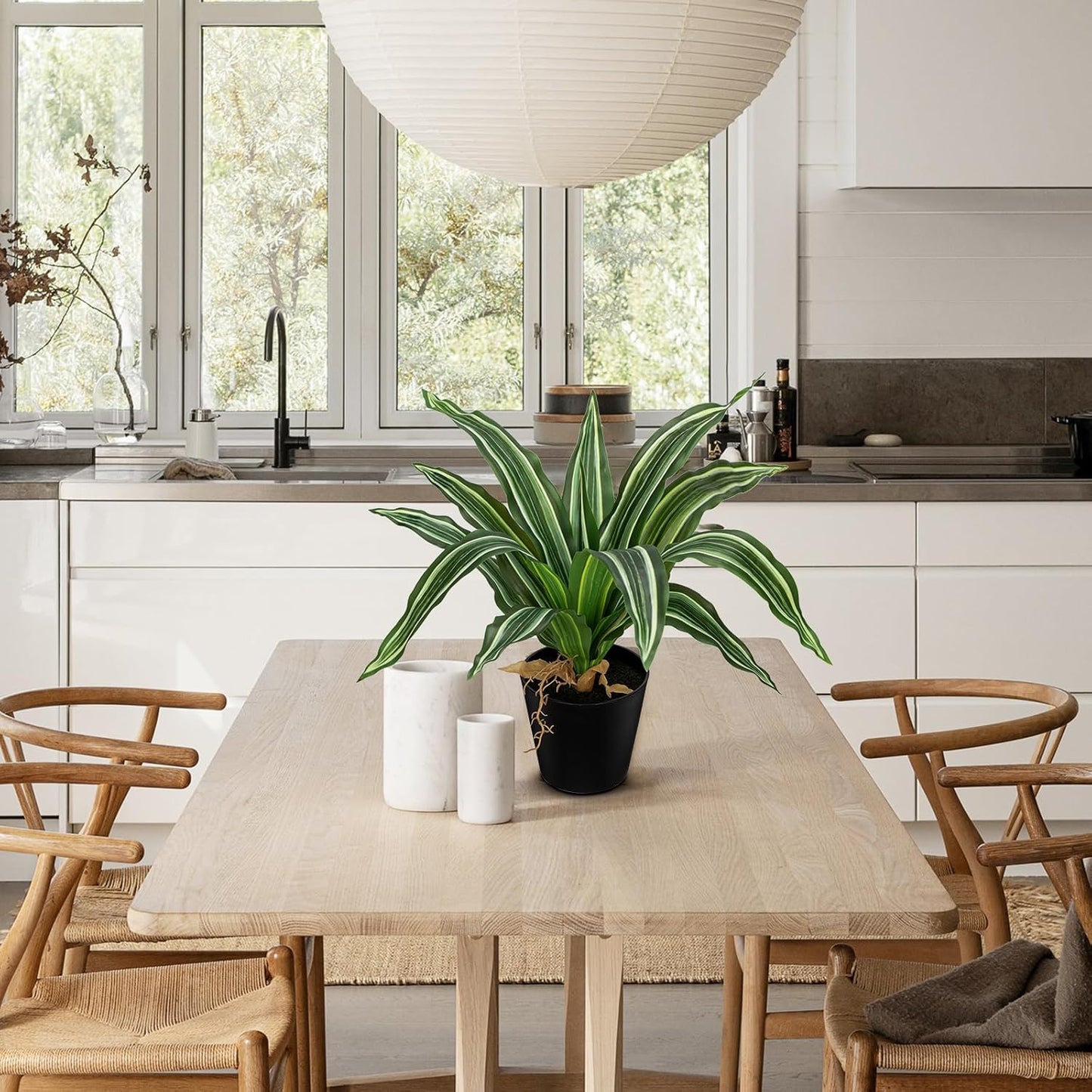 DILATATA Artificial Dracaena Plant in Black Pot 13.8 Inch Faux Potted Dracaena Silk Plant Fake Yucca Tree Tropical Plant for Home Office Living Room Indoor Outdoor Decor