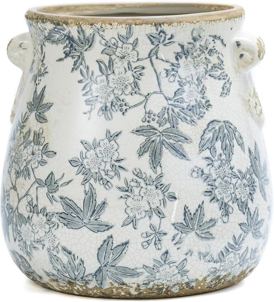 Vintage Grey Ceramic Ice Crack Glaze Flower Pot with Drainage Holes and With Handle, Country Rustic Planters for Indoor and Outdoor,Tuscan Decor,Home,Living Room, Garden Decor, Gardening Gift (Grey)