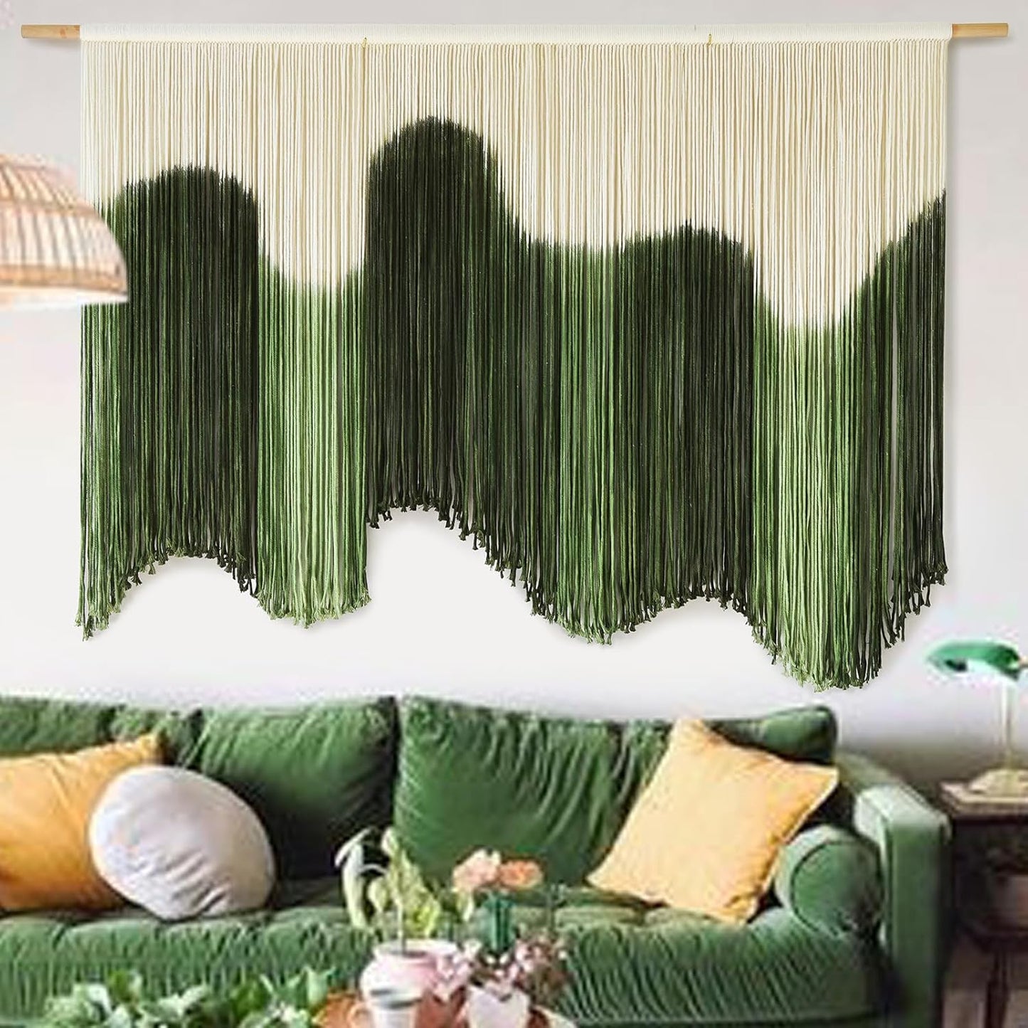 IOWER Large Macrame Wall Hanging Boho Wall Art Green Fiber Dip-Dyed Handmade Macrame Cord for Headboard Bedroom Living Room Fireplace 57" W x 39" L