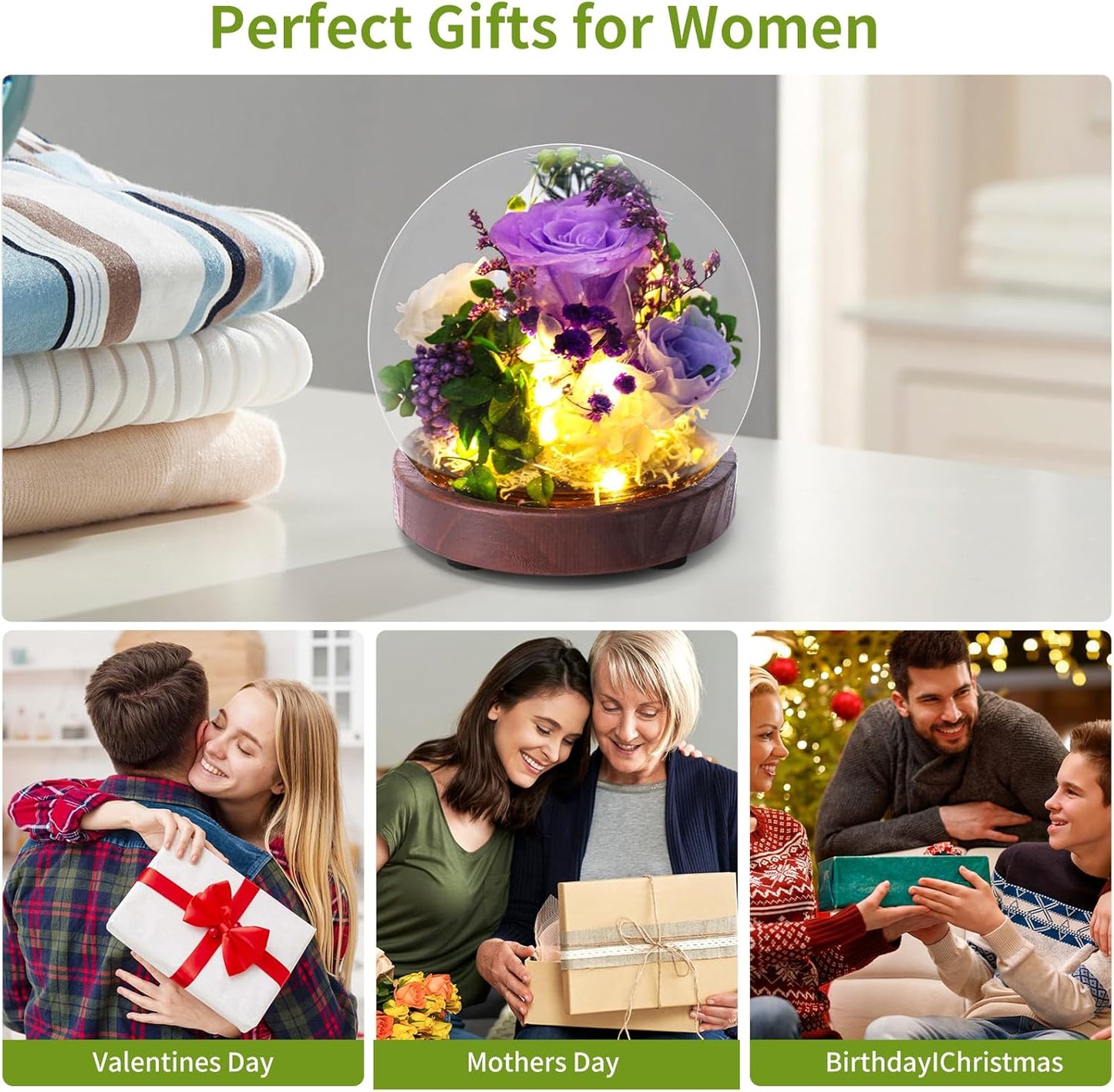 Long Lasting Real Flowers, Birthday Present for Women，Preserved Rose Flowers with Hydrangea and LED Light,Unique Floral Present for Various Festivals, Various Occasions, Home Decoration（Purple Rose）