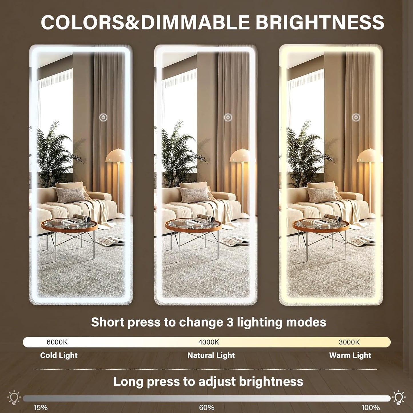 LED Full Length Mirror with Lights - 71"x26"Floor Standing Mirror with Rounded Corner Dimmable 3 Color Lighting, Aluminum Frame,Leaning Hanging for Bedroom Cloakroom, White