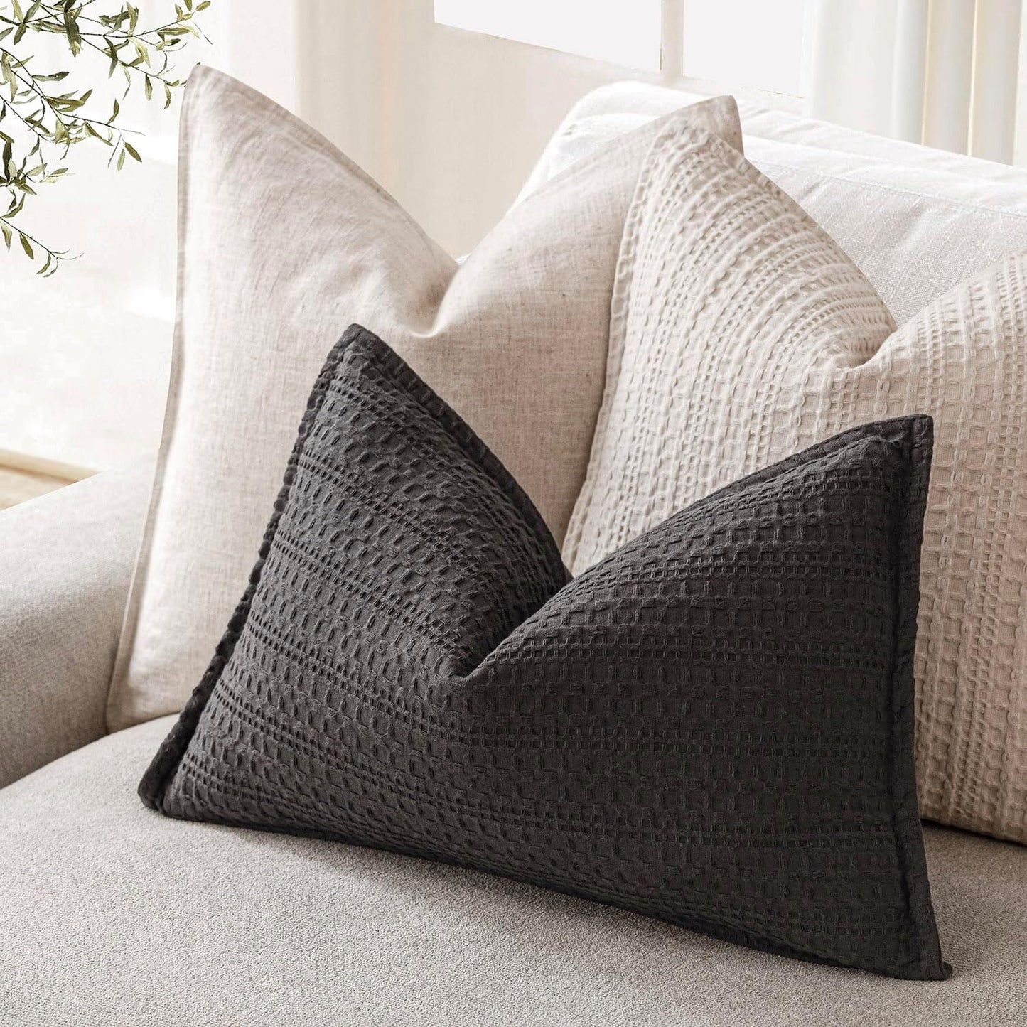 Foindtower Set of 2 Decorative Cotton Waffle Weave Lumbar Throw Pillow Covers Euro Sham Cushion Covers Accent European Pillowcase For Bed Couch Sofa Bedroom Living Room Home Decor 12×20 Inch Dark Grey
