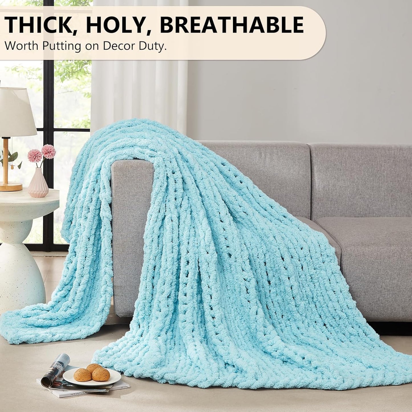 L'AGRATY Chenille Chunky Knit Blanket, Light Blue, 50x60, Heavyweight Throw Blanket for Home Decor