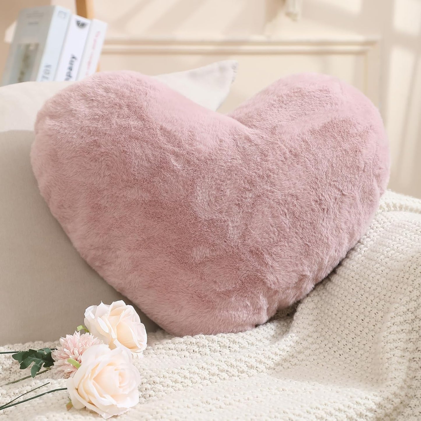 EastTree Heart Pillows, Dusty Pink Heart Shaped Pillows, Love Throw Pillows Gifts, Soft Faux Rabbit Fur Cute Pillows, Women Girls Kid Room Decor 10x13 Inch