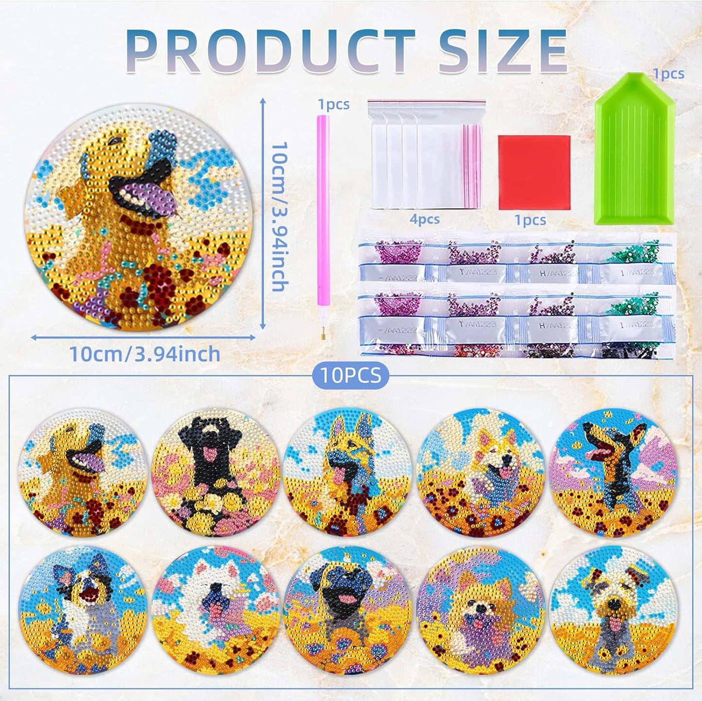 EWJRNSF 10 PCS Diamond Art Coasters Kit, Small Diamond Painting Coasters, Fall Diamond Art Kits for Adults Beginners, Arts and Crafts Supplies Item Sets with Holder Dog