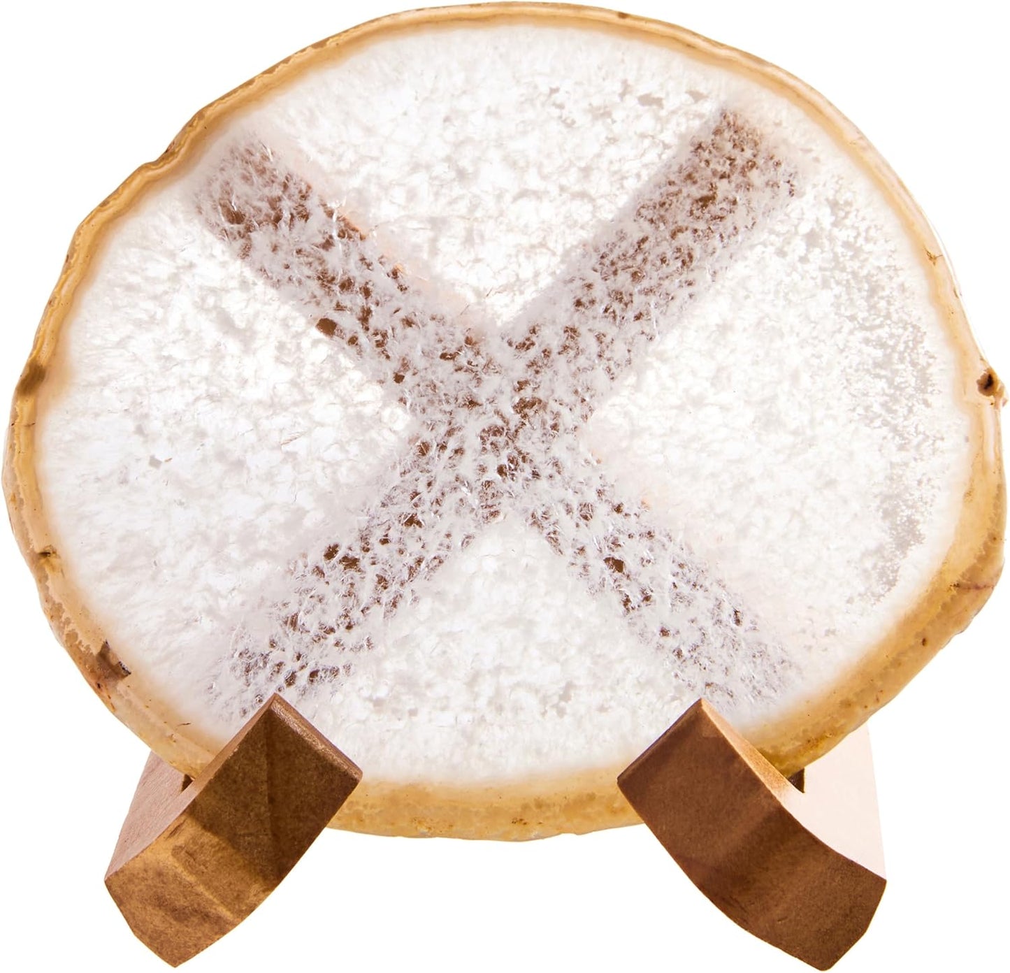 Luxury Lane Large Natural Brazilian Agate Slice Geode Rock Stone Drink Coaster with Wood Holder 4.7-5.5 inch Centerpiece Table Decoration, White